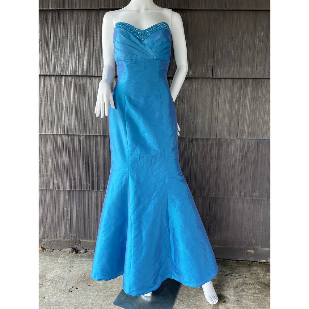 🔥NWT NIKI By Niki Livas Blue Satin Bead Strapless Evening Party Mermaid Dress 2